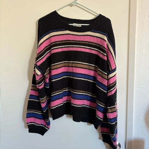 Promesa Women’s Large Acrylic Wool Striped Multicolor Sweater Pink Blue Black - Picture 3 of 6